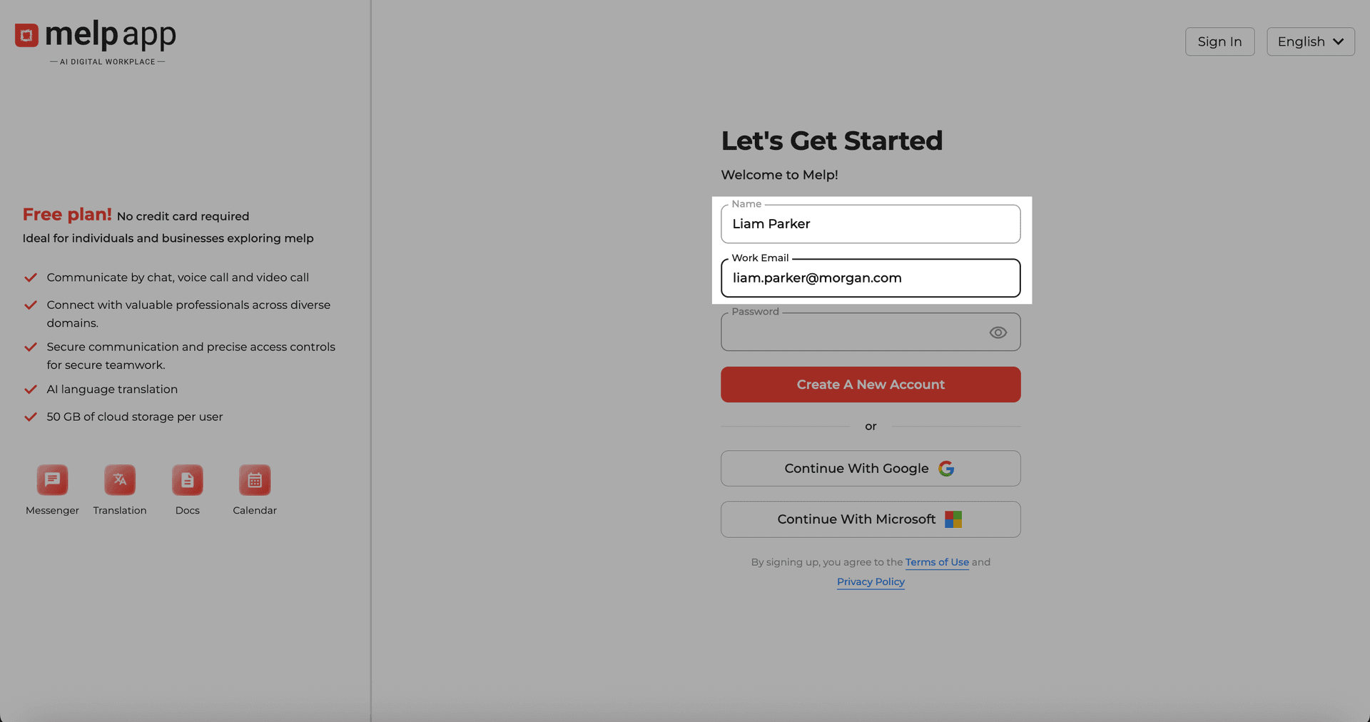 Sign up form